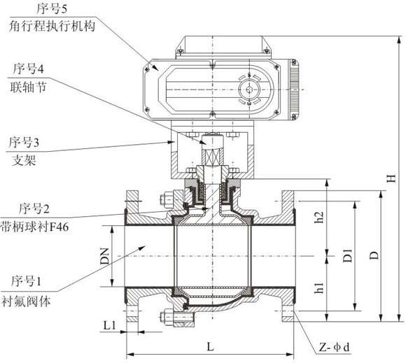 防爆電動法蘭襯氟球閥結(jié)構(gòu)圖